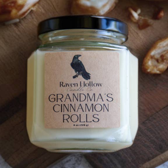 Grandma's Cinnamon Rolls Soy Beeswax Candle (8 oz) for wholesale by Raven Hollow Candle Co.