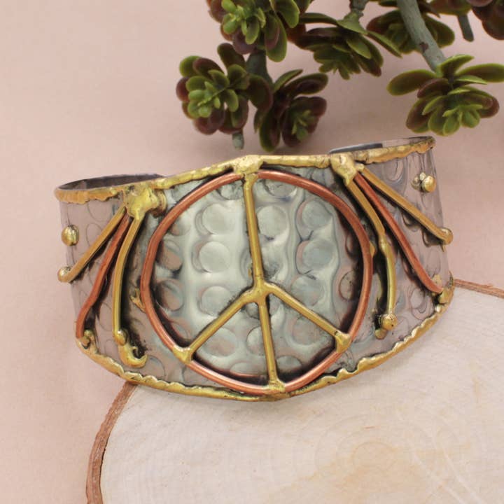ZAD - Wholesale Cuff Bracelet - Wide Mixed Metal Peace Sign Cuff Bracelet