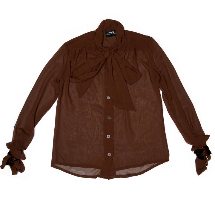 Chocoladebruin Victoriaans zijdeachtig pussybow shirt voor wholesale door House of Aama