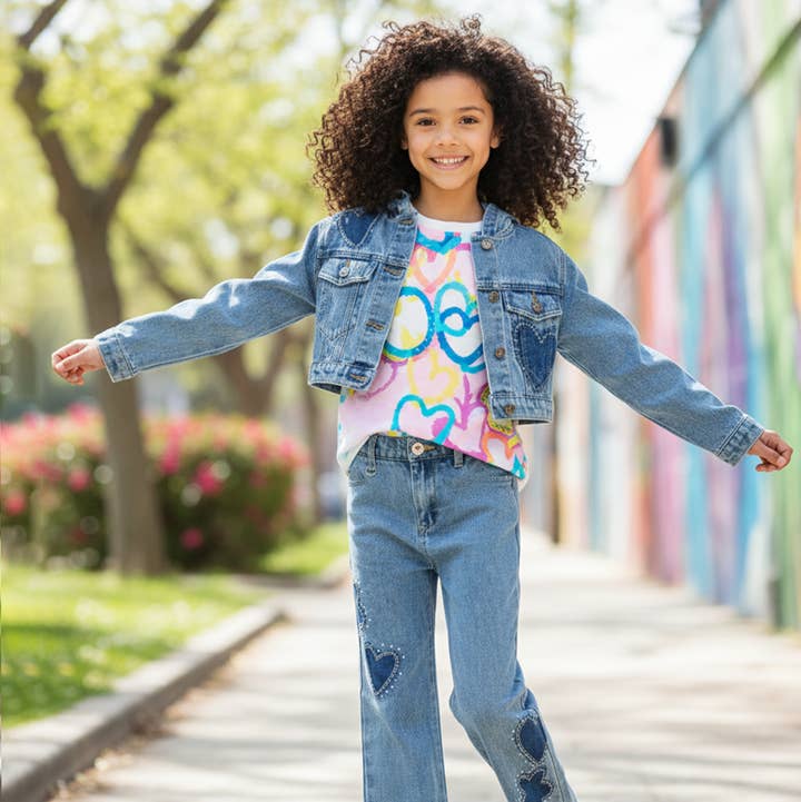 Stonewash Rhinestone Shadow Heart/Flower Denim Jacket for wholesale on Faire2