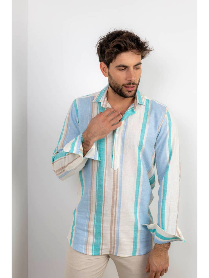 Custi Mikelo: Men's Clothing & Christmas Gifts - Wholesale Button Down Shirt - Men's - Multicolor Striped Linen T-shirt | Torn2