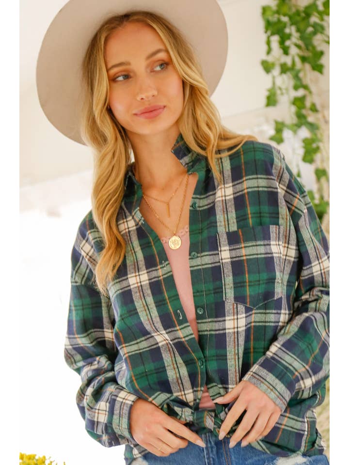Vine & Love - Wholesale Button Down Shirt - Women's - Collared Pocket Detail Plaid Shirts Top VT50206Q