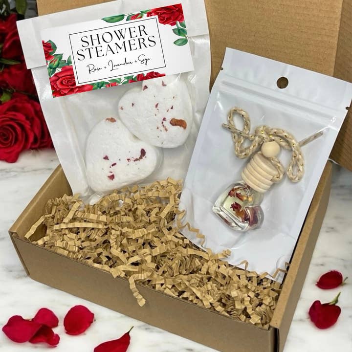 Valentines Day Gift Set Box Shower Steamers + Car Diffuser for wholesale by LostLove Art Co.