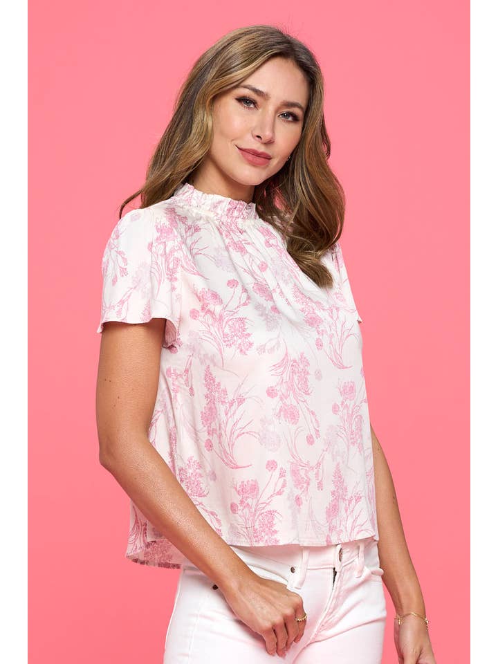 IVORY PINK Made in USA Floral Print Top with Ruffle Neck for wholesale on Faire