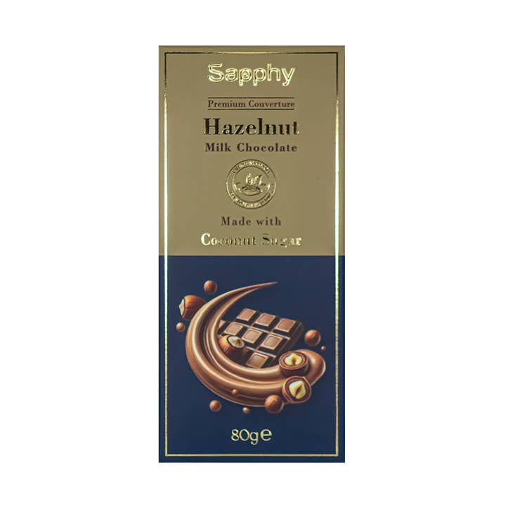 Sapphy Premium Hazelnut Milk Chocolate – 80g | Made with Coconut Sugar & Roasted Hazelnuts for wholesale by Sapphy