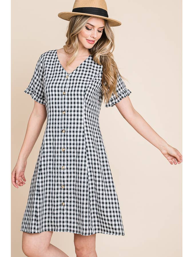 BLACK WHITE Gingham V-Neck Short Sleeve Button Down Dress for wholesale on Faire