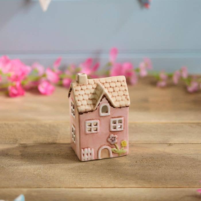 Langs - Wholesale Candle Holder - Ceramic Pink House Small With Embossed Flower Painted Tea Light Holder0