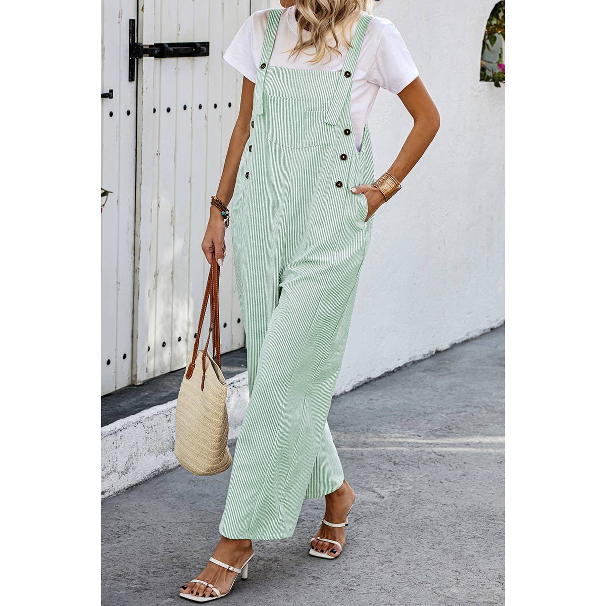 GREEN Solid Square Neck Button Trim Pockets Jumpsuit for wholesale on Faire0