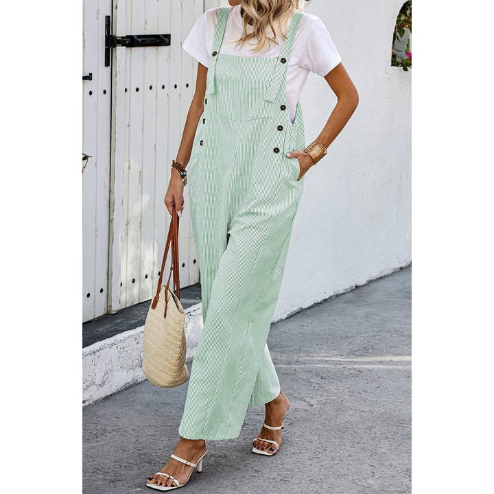 GREEN Solid Square Neck Button Trim Pockets Jumpsuit for wholesale on Faire