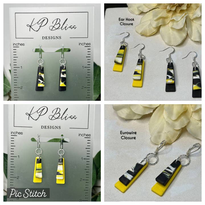 Handmade Black and Yellow Polymer Clay Dangle Earrings for wholesale by KP Bliss Designs