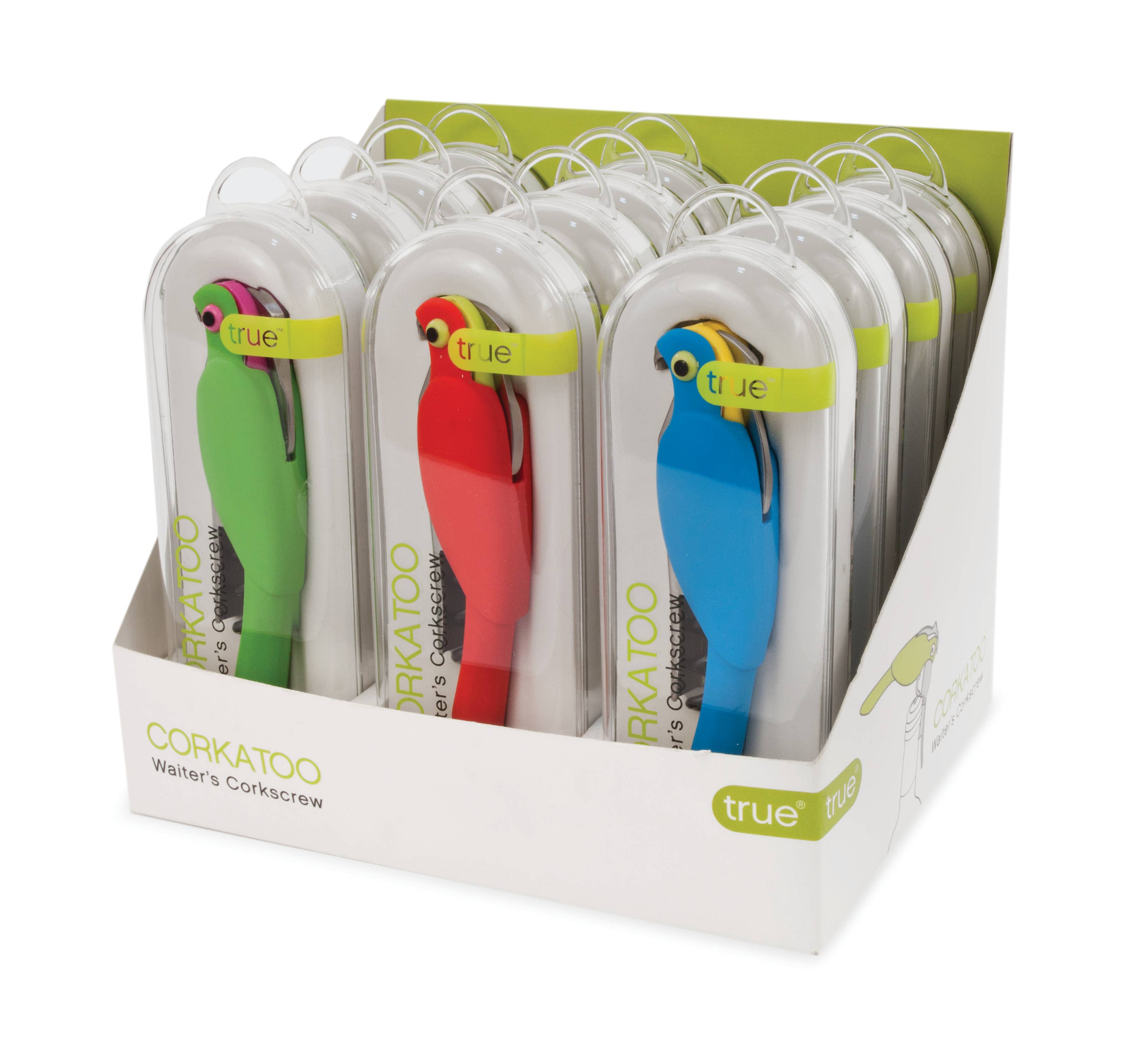 TRUE - Vente Ouvre-bouteille/tire-bouchon - Corkatoo Tire-bouchon à double charnière CDU de 12 COULEURS ASSORTIES0