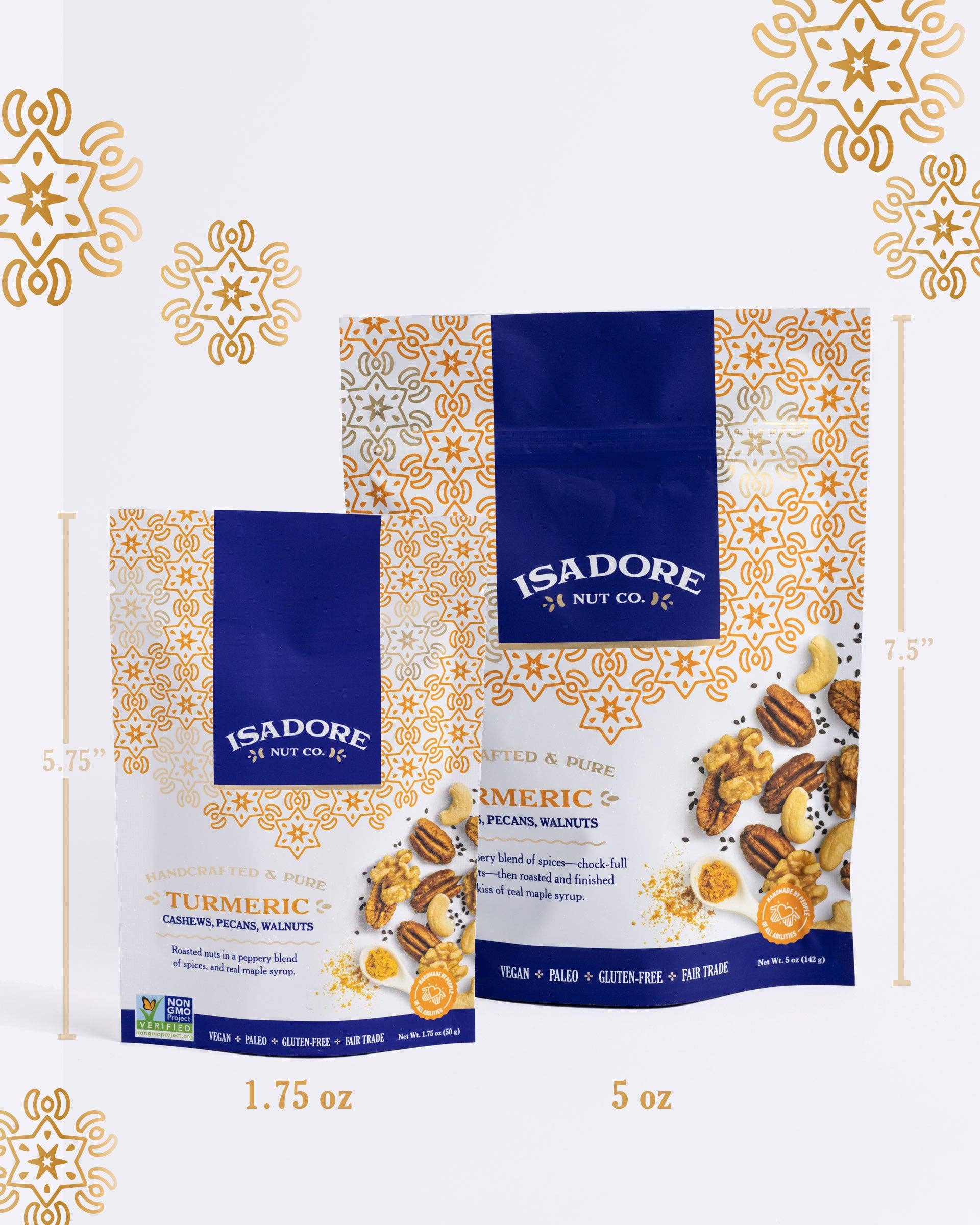 Isadore Nut Company - Wholesale Nuts - Turmeric: Roasted Cashews, Pecans, Walnuts- 5 oz- Non-GMO1