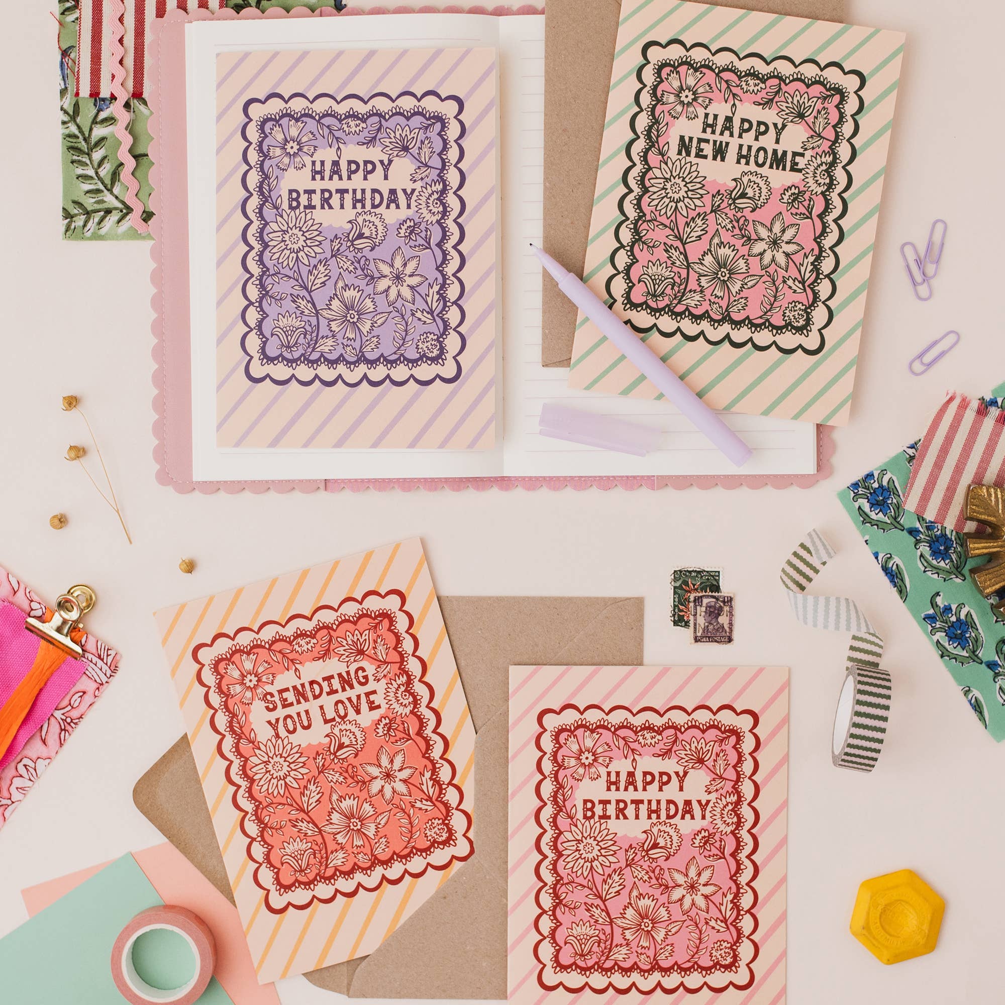 Jessie Maeve Studio - Wholesale Birthday Card - Indian Floral Pink Birthday Card - Stripe & Floral Design3