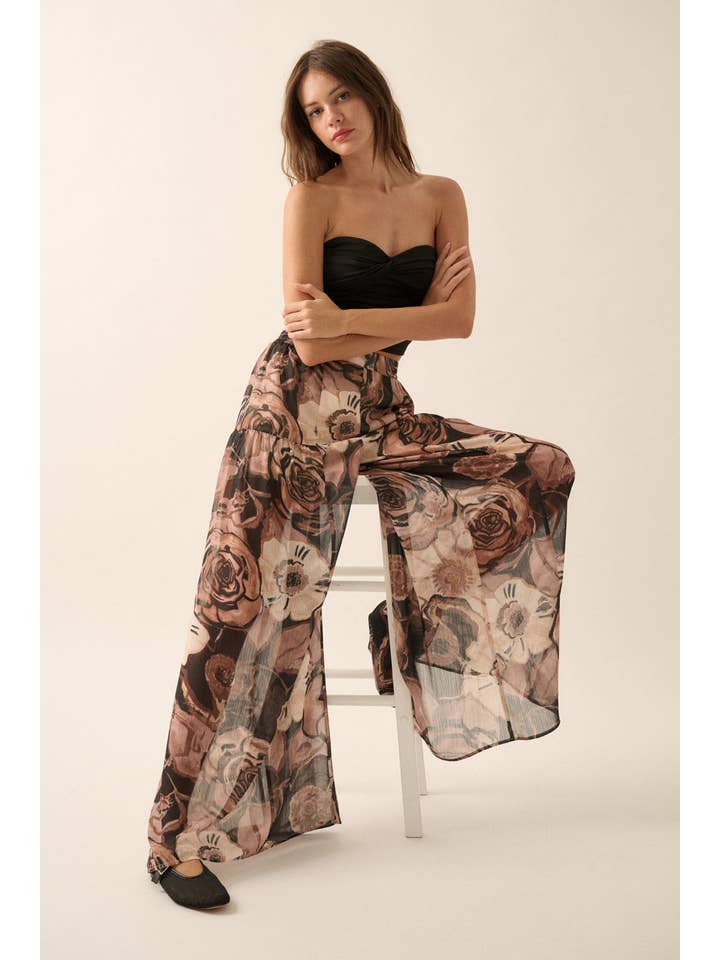BLACK Floral Chiffon Wide-Leg Palazzo Pants for wholesale on Faire3