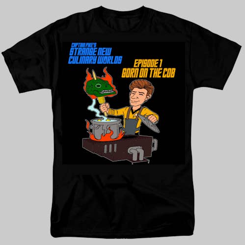 Capt. Pike's New Culinary Worlds Gorn on the Cob T-Shirt for wholesale by Pegasus Publishing