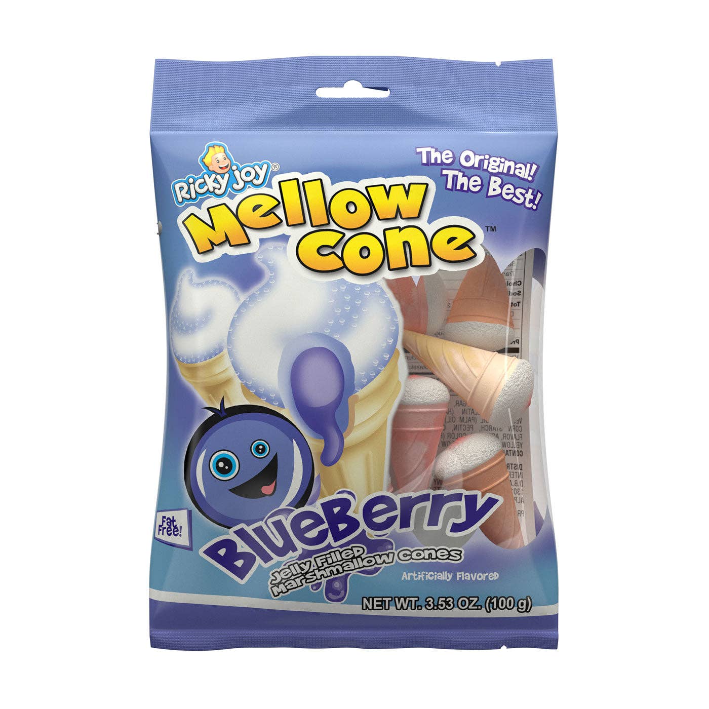 I Got Your Candy – Engroshandel Marshmallow – Ricky Joy Mellow Cones Blåbærgeléfyldte skumfiduskegler 3,53 oz - 18 ct0