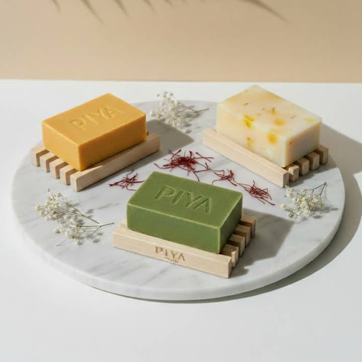 Turmeric, Neem and Saffron Soaps with Soap Dish for wholesale by PIYA BEAUTY