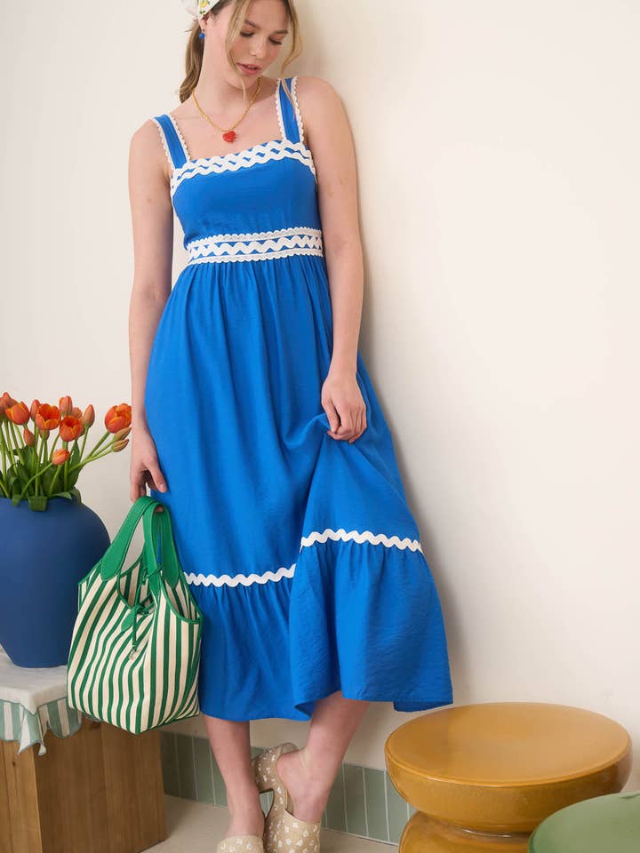 Blu Pepper - Wholesale Dress - Women's - SQUARE NECK WAVE SCALLOP TRIM MIDI DRESS