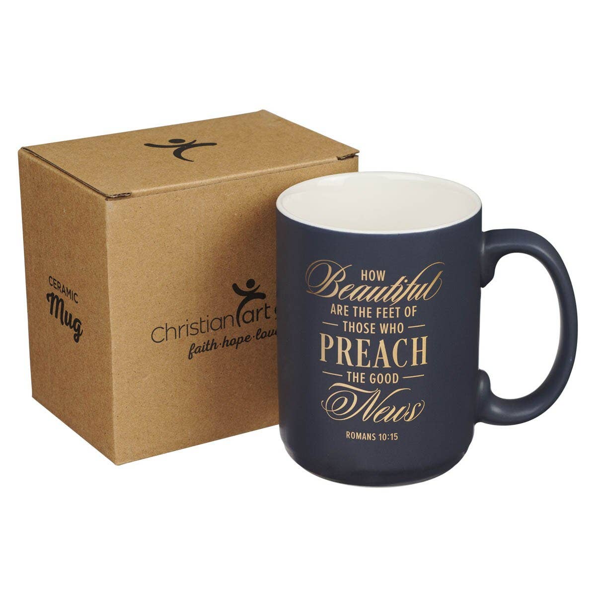 Christian Art Gifts - Wholesale Coffee Mug - Mug Navy Preach Good New Pastor Rom. 10:151