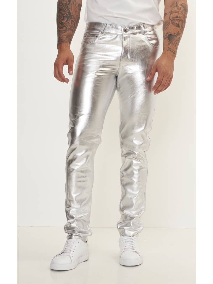 Men's Genuine Lambskin Leather Pants - Silver for wholesale on Faire