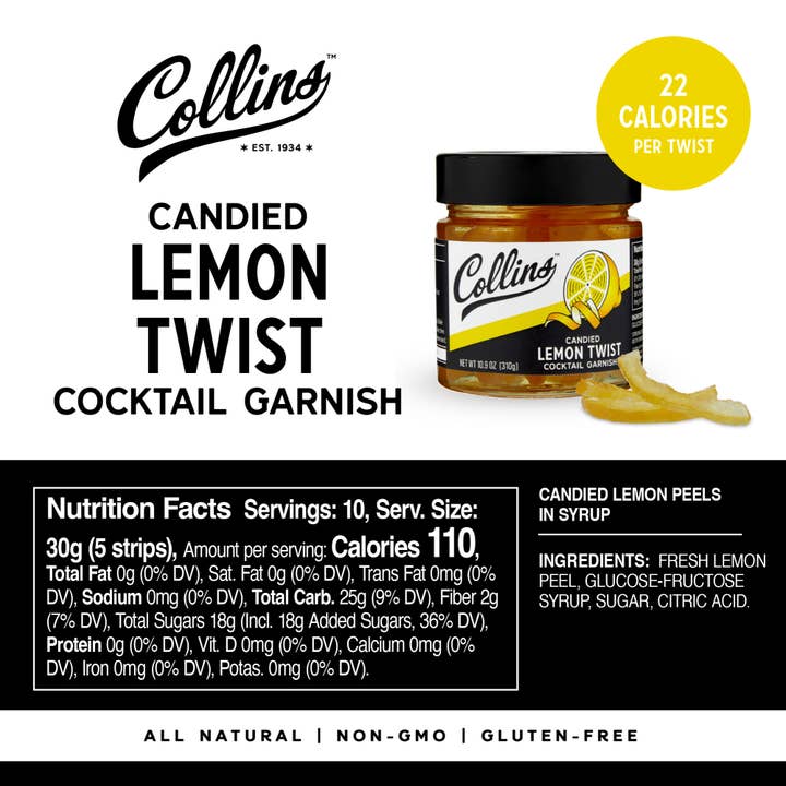 Collins - Wholesale Dried/Dehydrated Fruit - Italian Candied Lemon Peel Twist Cocktail Garnish - 10.9 oz