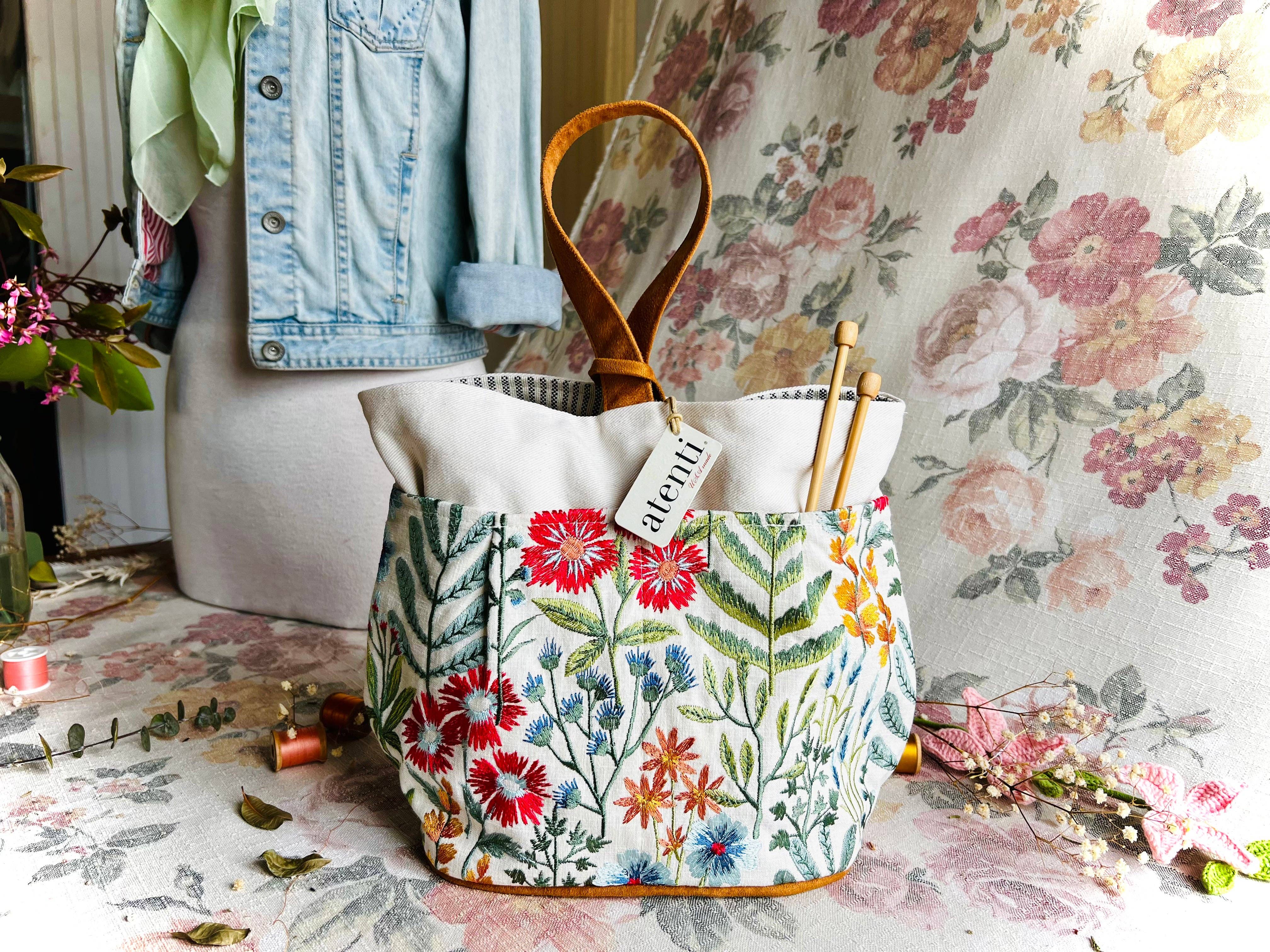 Atenti - Wholesale Tote Bag - Women's - Wildflower Tall Caddy– Handmade USA Embroidered Floral Yarn & Notions Organizer, Atenti Project Bag5