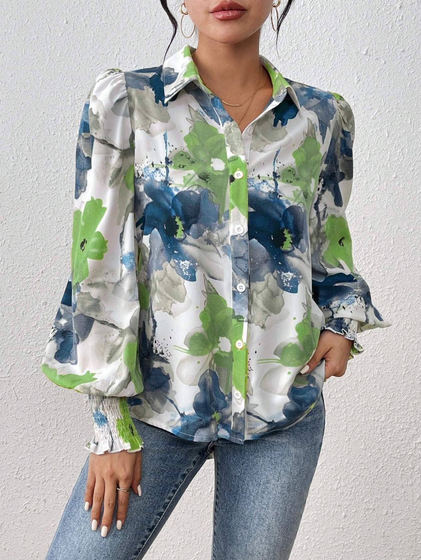 Fashion Combination - Wholesale Button Down Shirt - Women's - priv floral print lantern sleeve shirt37