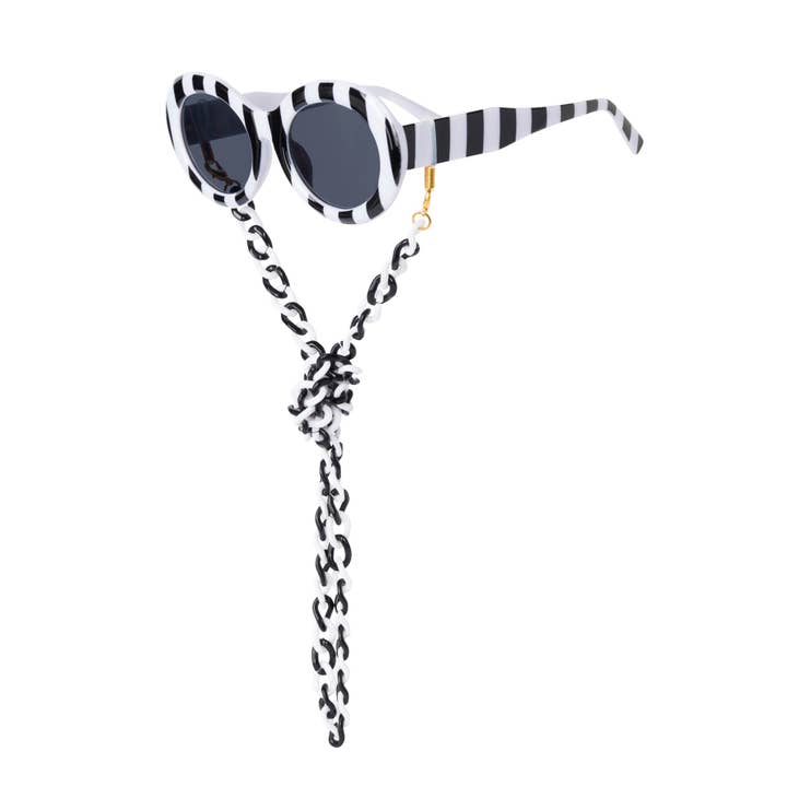 Meghan Fabulous - Wholesale Sunglasses - Women's - Black and White Oval Funglasses with Neck Chain