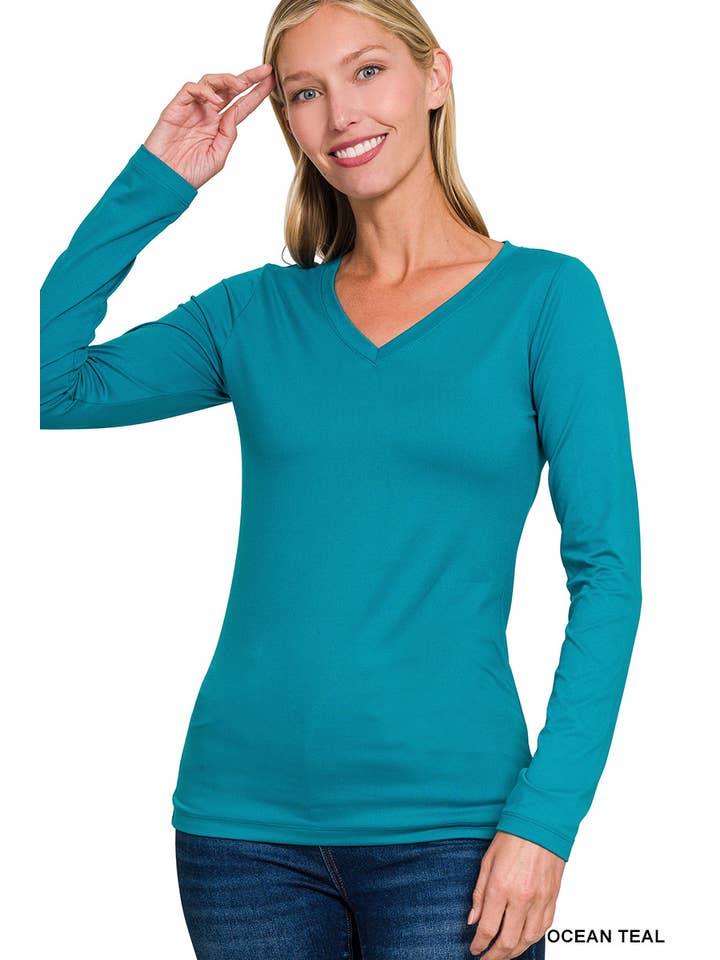 42POPS – Großhandel T-Shirt – Damen – Mikrofaser Langarm V-Ausschnitt T-Shirt