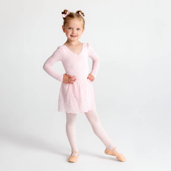 Long Sleeve Sequin Skirted Leotard in Ballet Pink for wholesale by Flo Dancewear