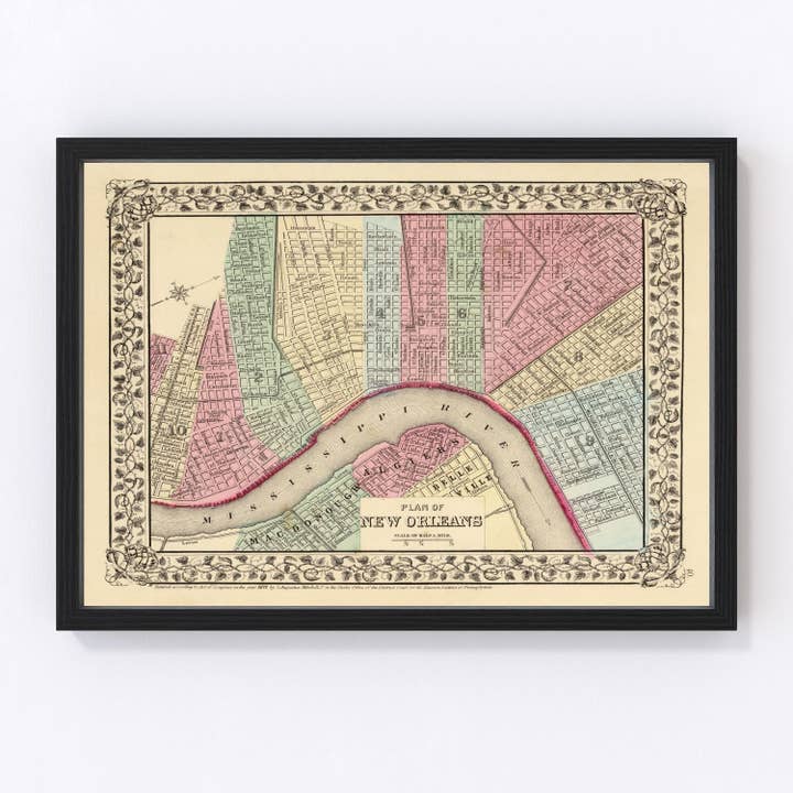 Vintage Map of New Orleans, Louisiana 1870 for wholesale by Ted's Vintage Art
