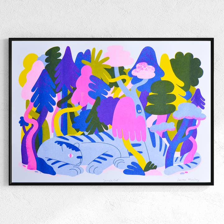 Jungle Cat A3 Risograph Print for wholesale by Lauren Morsley