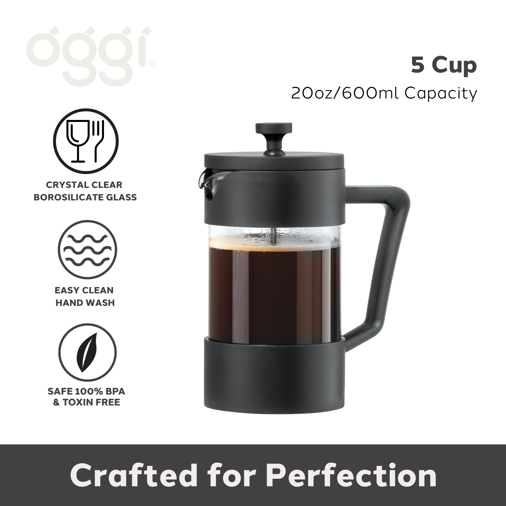 Oggi - Vendita all'ingrosso Caffettiere French press - Caffettiera a stantuffo in vetro borosilicato da 5 tazze (600 ml, 20 oz)7