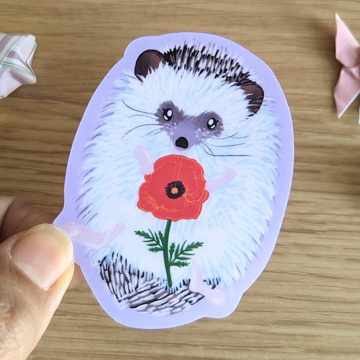 Poppy Hedgehog Vinyl Sticker for wholesale by Jem and Cozy