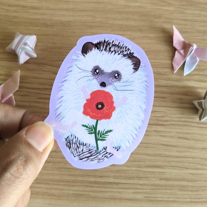 Poppy Hedgehog Vinyl Sticker for wholesale by Jem and Cozy