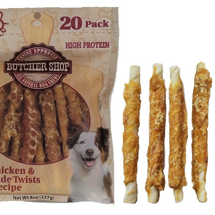 Lovin Tenders - Wholesale Pet Treats - Dog - Butcher Shop 5” Chicken & Rawhide Twists, 20-Pk