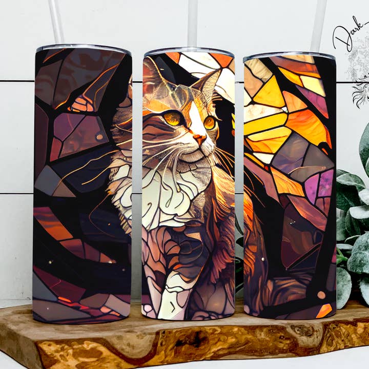 Stained Glass Calico Cat / Pet / Tumbler for wholesale by Dark Horse Dream Designs LLC