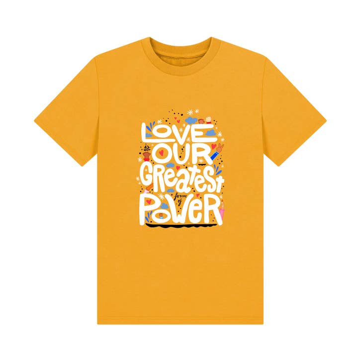 Love is Our Greatest Power Organic Eco T-Shirt (Kids - White Text - Assorted Confetti Colors) for wholesale by UpRoot Design Studio
