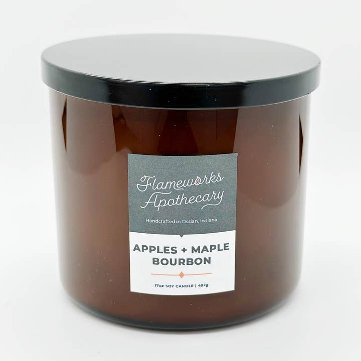 Apples + Maple Bourbon 17 oz Double Wick Amber Jar Candle for wholesale by Flameworks Apothecary