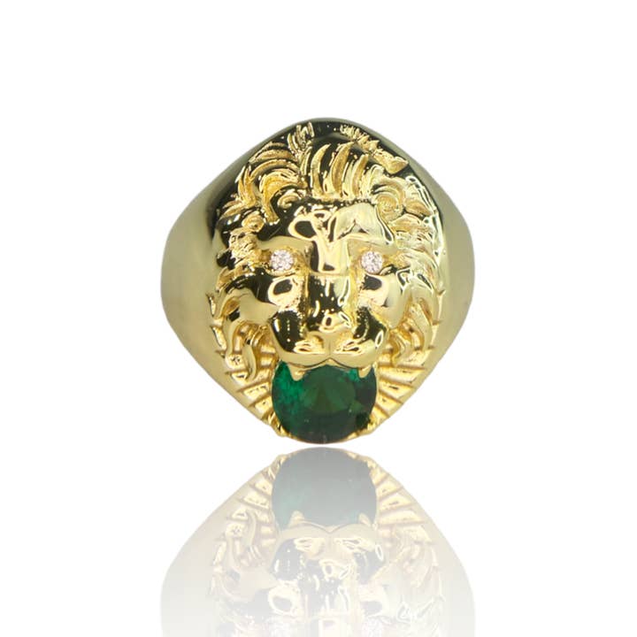 Lion Gold Ring With Green Emerald And White Crystals for wholesale by Benny Loves Stella
