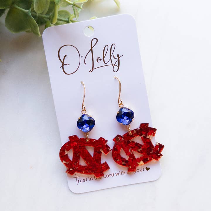 NC Raketen Rote Glitzer Acryl Ohrringe mit Blauem Stein für den Großhandel von O’Lolly Jewelry