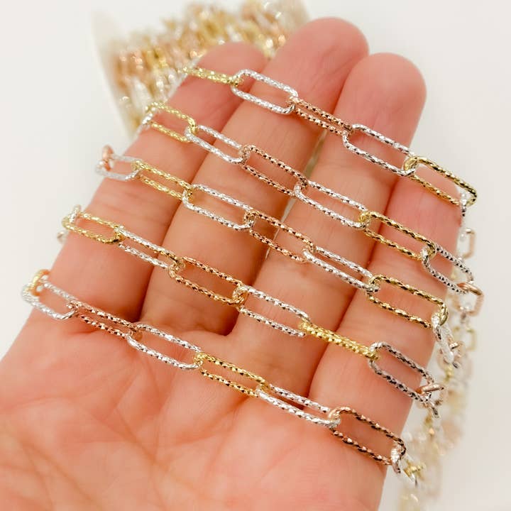 V9GSR. Sterling White Silver Gold and Rose Plated Diamond Cut Paperclip Chain for wholesale by Jewels & Chains