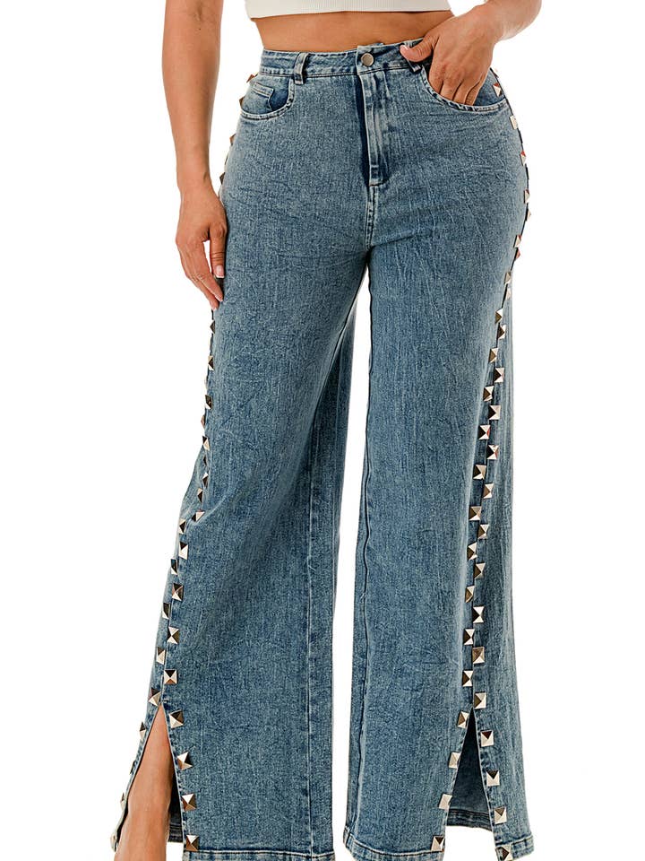 (SP5052)Side Studded Split-Hem Wide-Leg Pants for wholesale by SALT