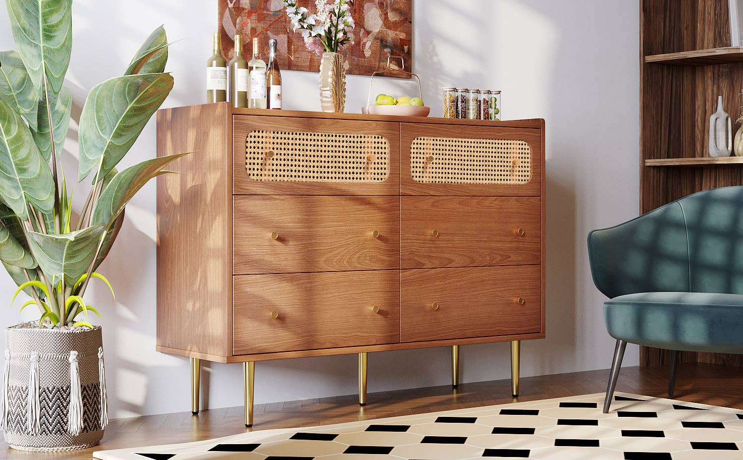 Urban Meuble - Wholesale Cabinet - Vintage sideboard with 6 rattan drawers, golden handles and legs, 120*90*40cm DELMO9