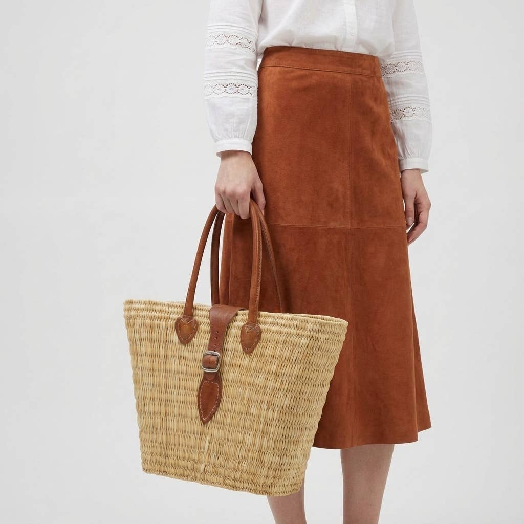 Melecraft - Wholesale Basket - Woven Reed Market Basket Leather Strap - Natural Boho Tote13