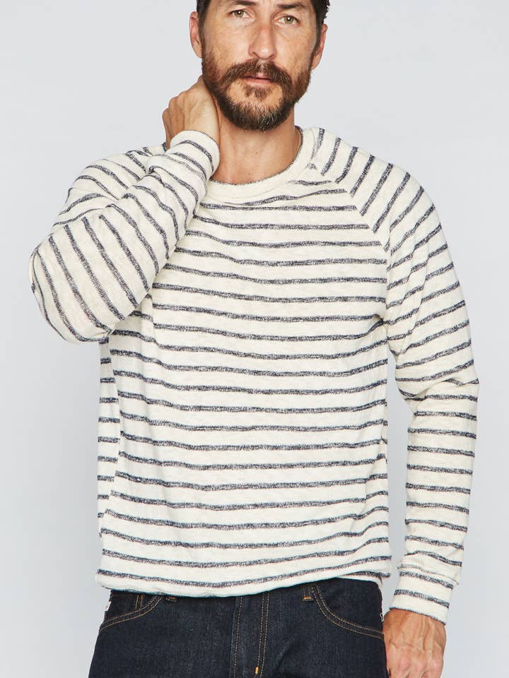 Men's Slub Jersey Pullover Sweater - Navy/Cream Stripe for wholesale by Mika Jaymes