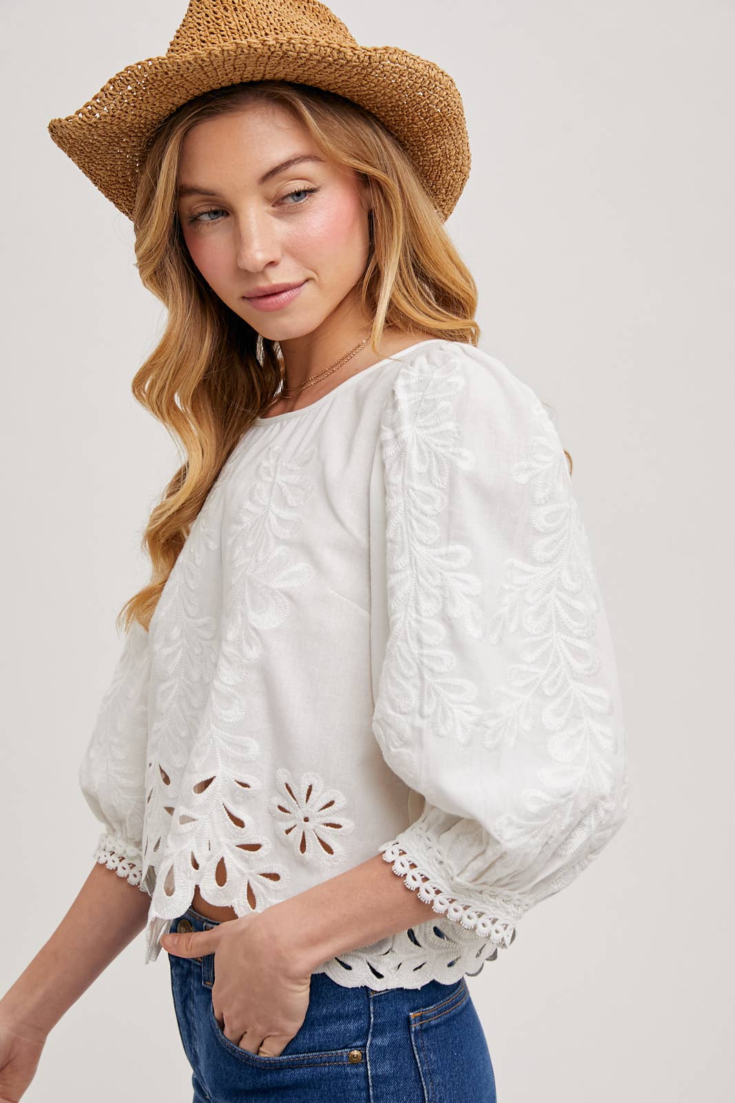 Bluivy - Wholesale Blouse - Women's - LACE CUTOUTS BOTTOM HEM BUBBLE SLEEVED TOP - EASTER DAY3