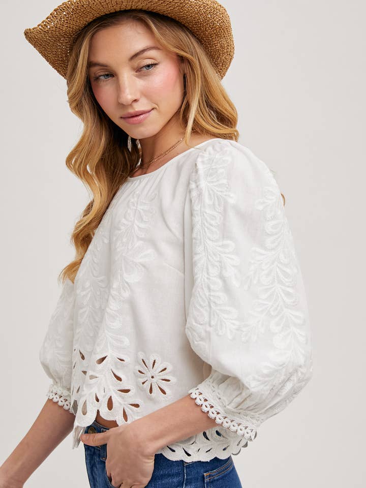 Bluivy - Wholesale Blouse - Women's - LACE CUTOUTS BOTTOM HEM BUBBLE SLEEVED TOP - EASTER DAY3