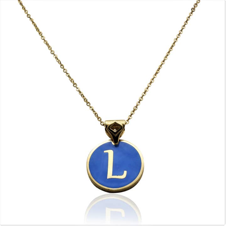 Collier initial personnalisé en forme de fleur de cobalt bleu signature dorée pour la vente par Georgina Jewelry