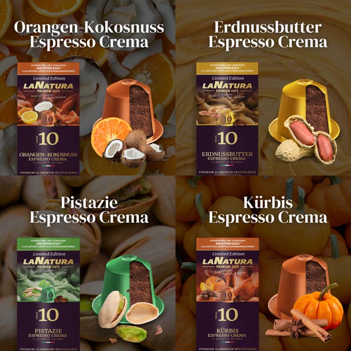 La Natura Lifestyle BIO GmbH - Wholesale Coffeepods/koffiepads - La Natura Lifestyle AROMA BOX, 80 koffiecapsules compatibel met Nespresso®*³-capsulemachines, 8 unieke SMAAKRICHTINGEN, karamel, chocolade, pistache, kokosnoot, rum, truffel, pompoen, pinda